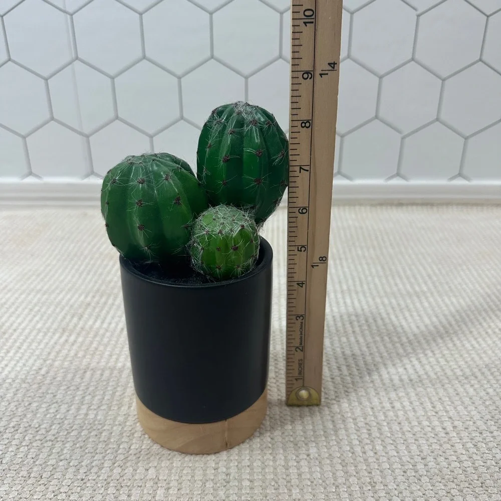 Project 62 Faux Cactus Tabletop Arrangement Black‎ Pot Wood Base 8.5 Inch Green